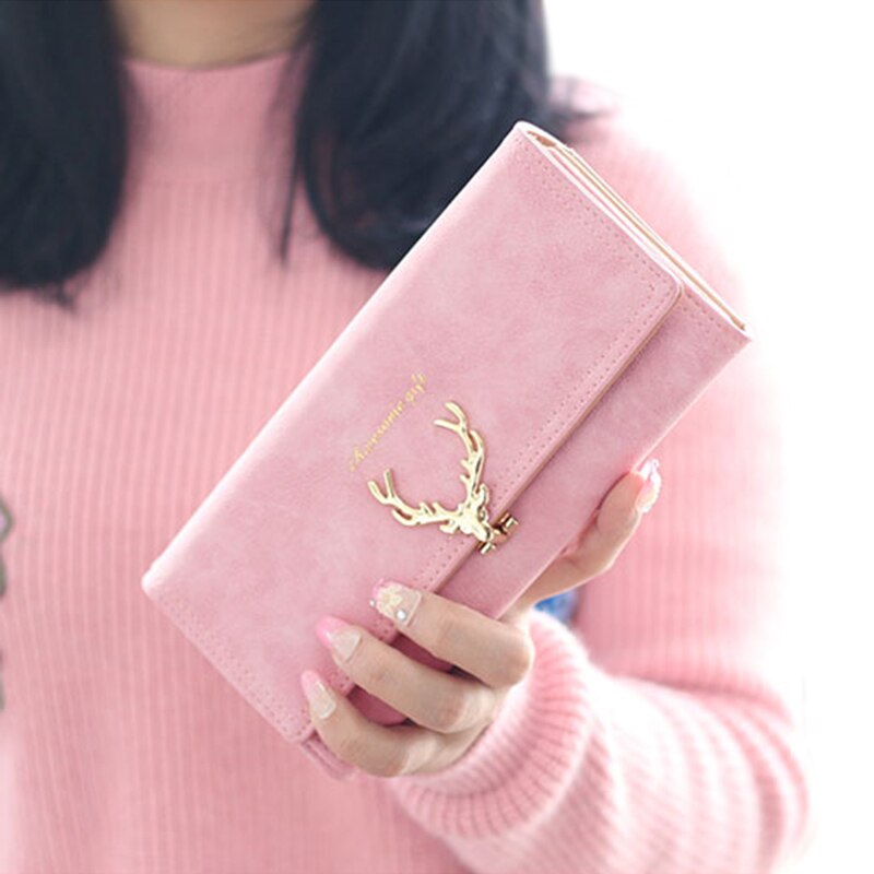 Hjorte dame lang pung frisk pu læder mønt pung dame kortholder multifunktion kvinde mini telefon clutch taske: Lyserød