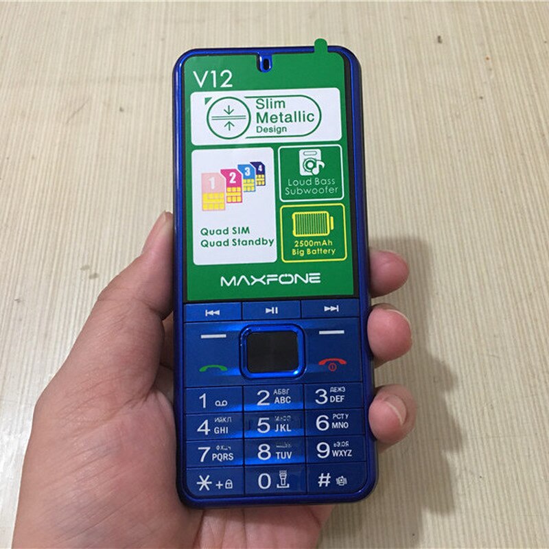 Maxfone  v12 mobiele telefoon met drukknoppen, 2.8 inch quad-sim toetsenbord, bluetooth zaklamp,  mp3 radiocamera, bighorn 4 sim-telefoon