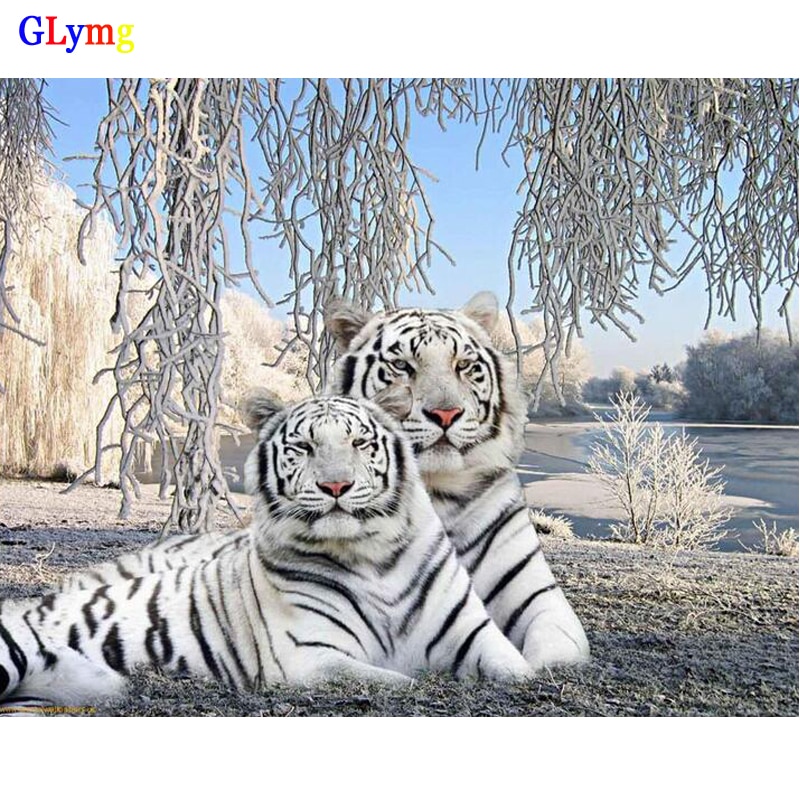 GLymg Diy White Tiger Diamond Embroidery Animal Picture Diamond Painting Cross Stitch Full Square Drill Home Decor Mosaic