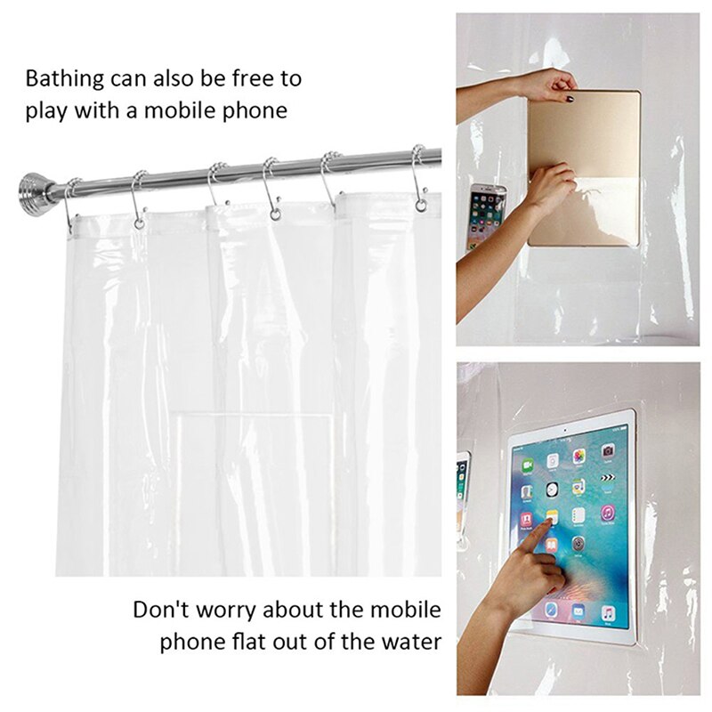 Rideau de douche multifonctionnel téléphone support de tablette rideau de douche clair avec poche pour écran tactile Transparent salle de bain douche