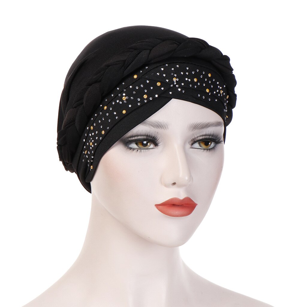 Bohemia Style Women Turban Hat Braid Knot Lady Head Scarf Hijab Muslim Inner Hijab for Women Hair Accessories Hair Loss: Black