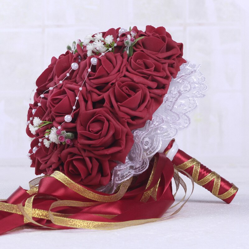 Bourgogne mariage Bouquet Rose/rouge/blanc/bordeaux mariée demoiselle d'honneur fleur artificielle fleur Rose Bouquet mariée