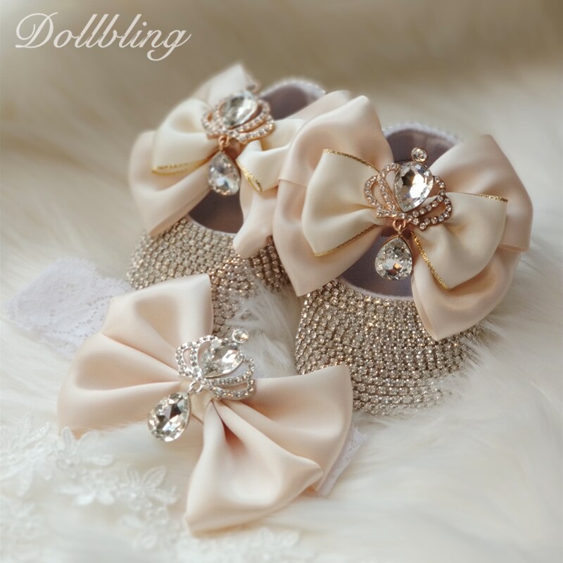 Dollbling Barokke Glam Meisje Eerste Wandelschoenen Golden Crown Exotische Bohemen Unieke Bling Prachtige Strass Baby Wieg Schoenen: ivory / 7-12 Months