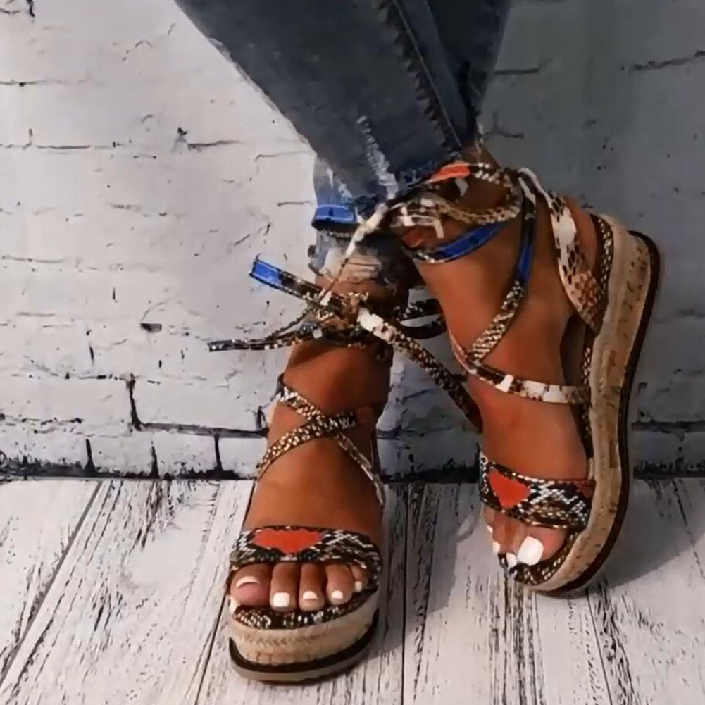 Sandalias de verano para mujer, Sandalias de tacón alto estilo bohemio con plataforma y lazo para mujer, zapatos de punta abierta con correa en el tobillo