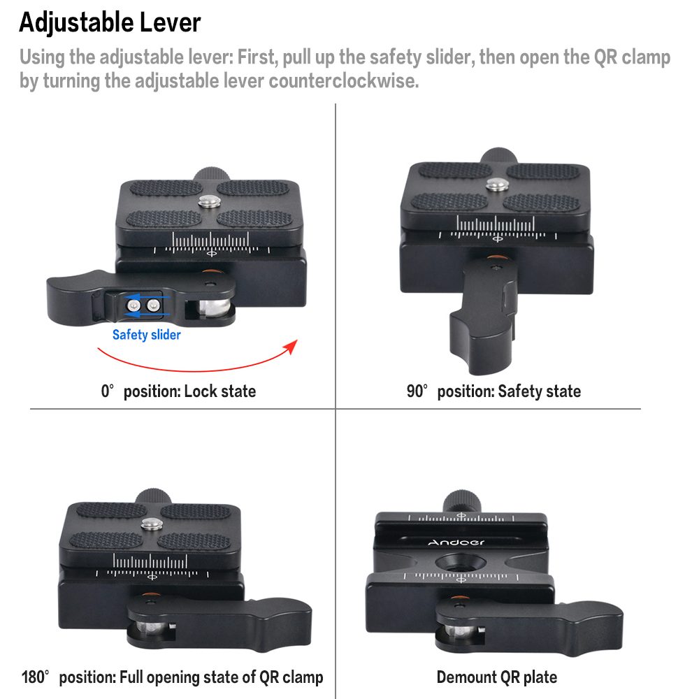 Andoer CL-50LS piastra a sgancio rapido e morsetto a sgancio rapido in lega di alluminio con manopola a leva regolabile-tipo 1/4 &quot;e 3/8&quot; foro per vite