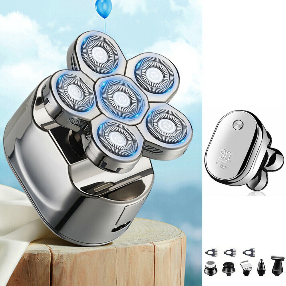 6-in-1 Electric Beard Shaver Smooth Skull Hair Trimmer LCD Kits Men Facial Cleaning Brush Rechargeable