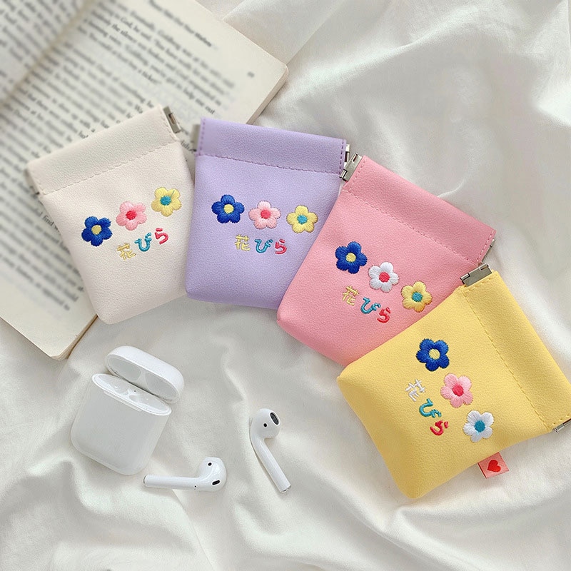 Sac de rangement pour femmes, mignon sac de rangement pour fleurs broderie, porte-monnaie Portable, câble de données, écouteurs Bluetooth étui de protection
