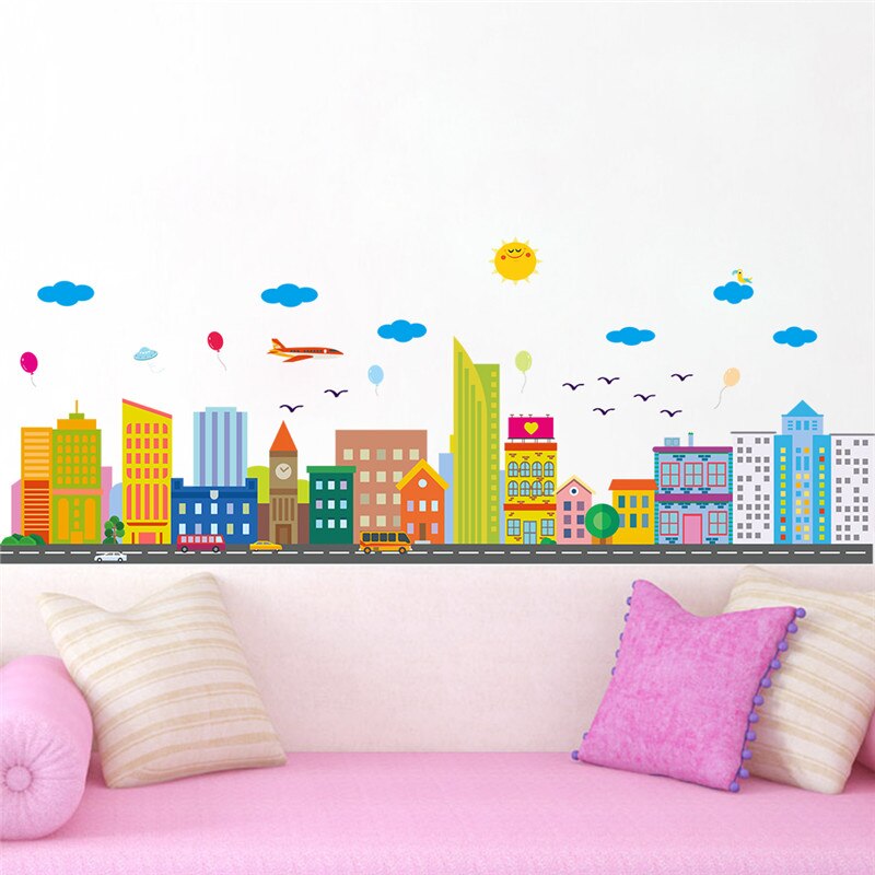 Colorful City for Living Room Bedroom Wall Stickers For Kids Rooms aircraft balloon Wall decals Children Nursery Room Decor