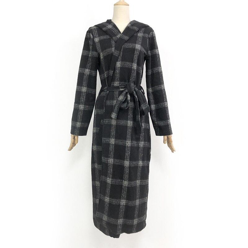 Vintage winterjas dames capuchon geruite ceintuur trenchcoat lange jas herfst lange mouw zakken casacos de inverno feminino: Zwart / M
