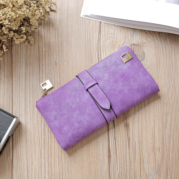 Leer Rits Lange Vrouwen Portefeuilles Effen Trekkoord Nubuck Luxe Portemonnee Portemonnee Kaarthouder Clutch Billetera Mujer: Purple