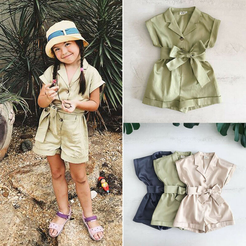 Småbarn barn bebis flickor sommar jumpsuit fluga midja romper overall liten dam jumpsuit playsuit