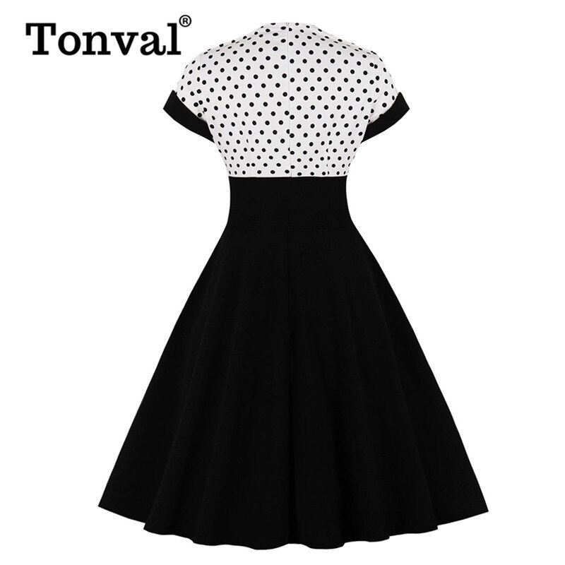 Tonval hvid og sort tofarvet knap front slå om polkaprikkede kjole kvinder høj talje a line vintage retro swing kjoler