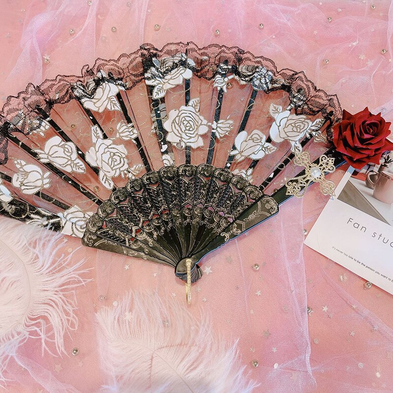 Lolita – éventail pliable en dentelle Rose, Style rétro européen, Style gothique foncé, pour danse de cour, , décoration de fête de mariage