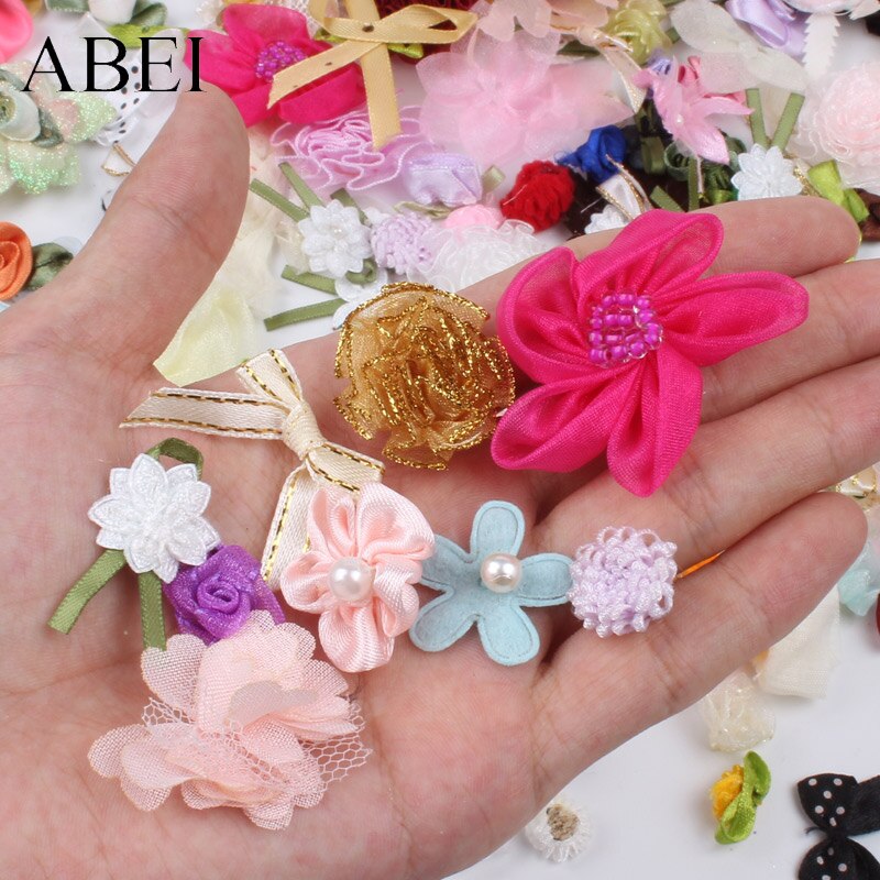 Fleurs, mélange aléatoire, nœuds de Roses bricolage patchs en tissu, ruban, accessoires, Boutique, fait à la main, projet artisanal, couture, fleurs, 100 pièces