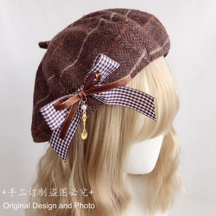 Japansk søt nydelig ull rutete åttekantet kuppel lue retro lolita beret søt høst vinter myk jente gresskar cap maler lue