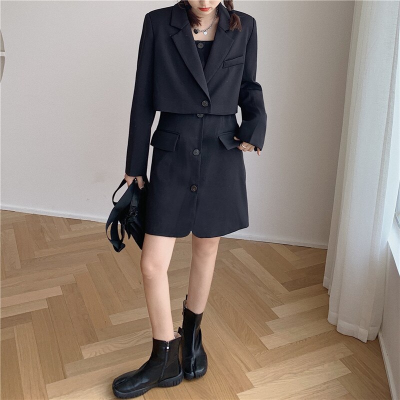 ¡Novedad de ! Conjunto de traje informal vintage para mujer, trajes cortos, abrigo y vestido de tirantes finos, trajes de botón de a la para mujer
