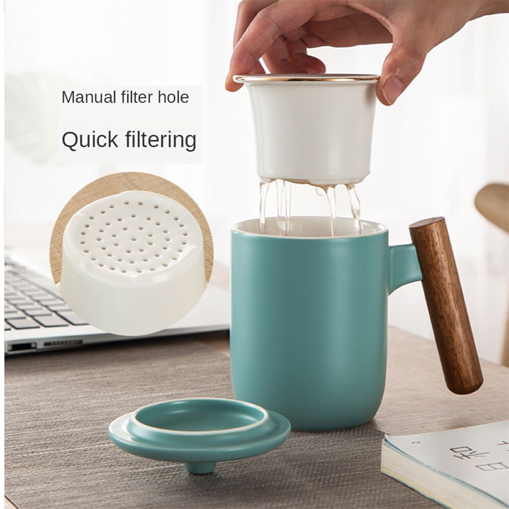 Ceramic Tea Cup Tea Mug with Lid and Infuser with Acacia Wood Handle Coffee Mug