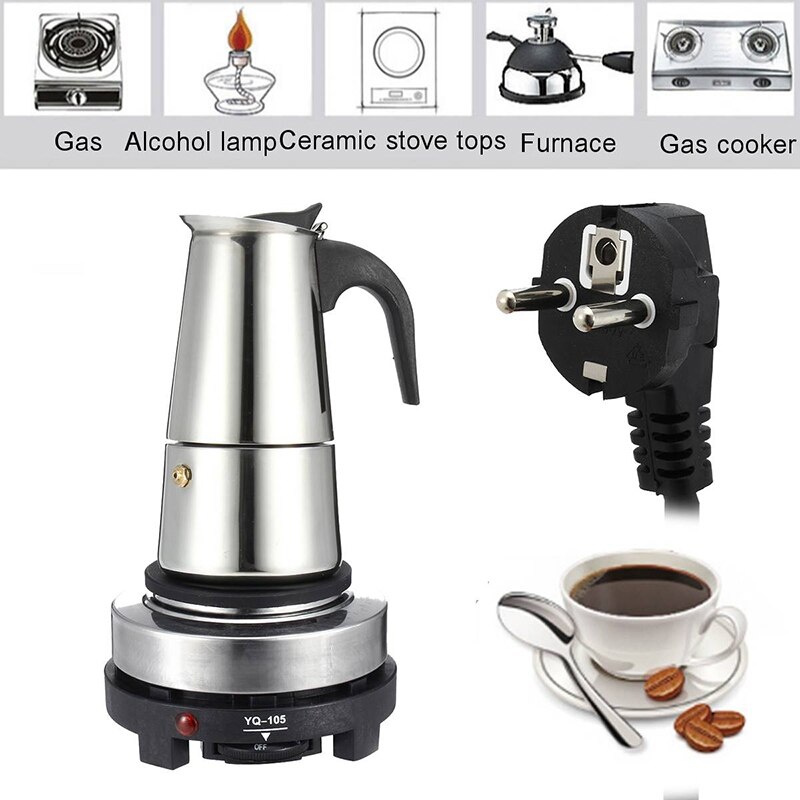 200Ml Draagbare Espresso Koffiezetapparaat Moka Pot Rvs met Elektrische Kachel Filter Percolator Koffie Brouwer Waterkoker Pot Kit