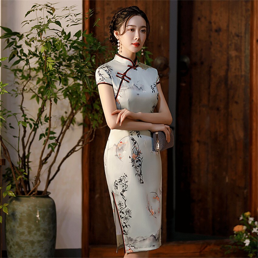 2022 Traditionele Chinese Kleding Voor Vrouwen Sexy Elegante Verbeterde Qipao Bloemenprint Jurk Banket Side Slit Strakke Cheongsam