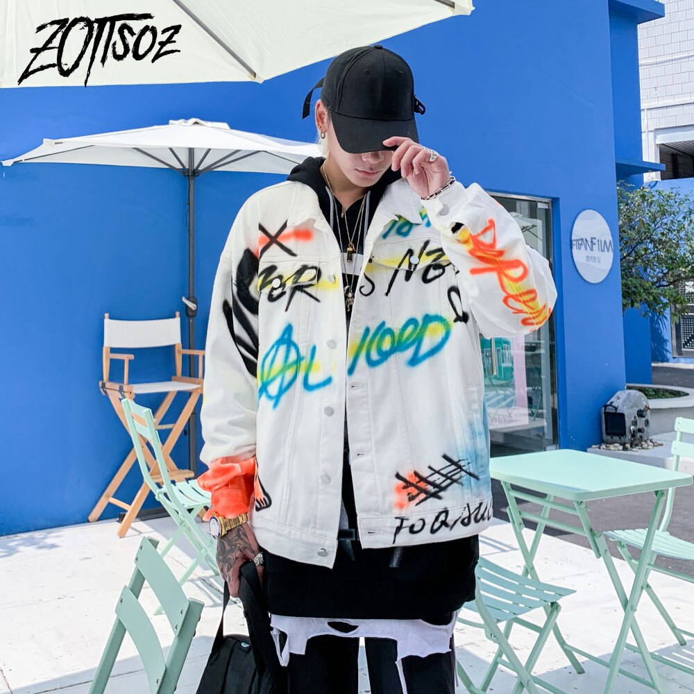 Punk Rock Gothic Denim Jassen Hip Hop Graffiti Print Jeans Jassen Streetwear Mannen Harajuku Casual Katoenen Jas Uitloper Wit