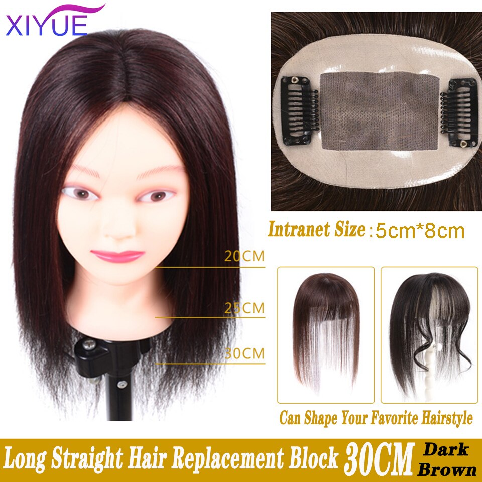 XIYUE Center frange haut cheveux pièces avec frange fait à la main demi-tête perruque droite naturel Invisible remplacement synthétique cheveux pièce: BF26-30-2-33