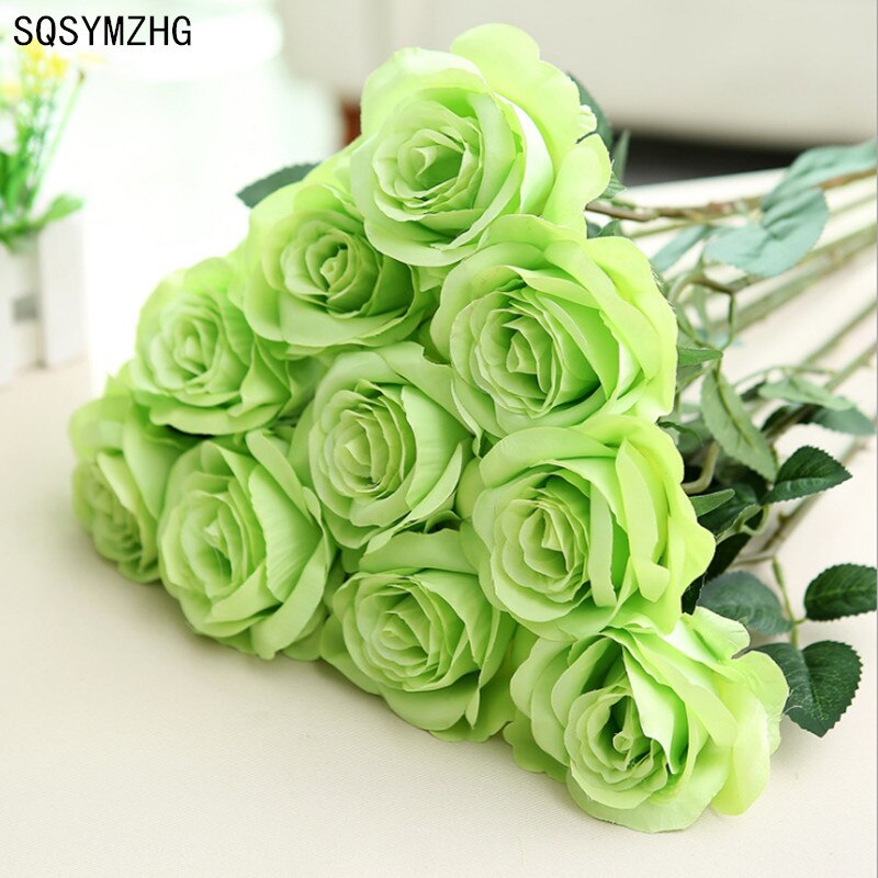 9 stk. grenstamme latex rose hånd føler filt simulation dekorativ kunstig silikone rose blomster hjem bryllup