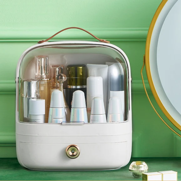 Organizadores de cosméticos de escritorio, caja de almacenamiento de joyería de maquillaje a prueba de polvo de gran capacidad con tapa, organizador impermeable para baño: Blanco
