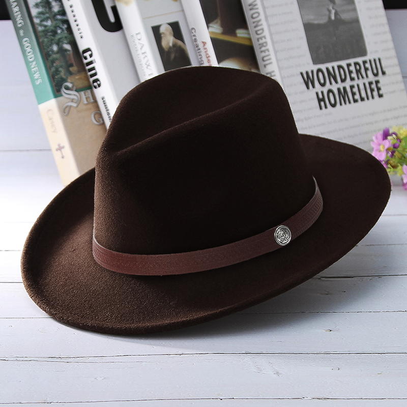 mujeres hombres sombreros de fieltro sombrero de vaquero occidental señora Sombrero Hombre pieza de Metal decoración vaquera Jazz gorras de sol tamaño 57CM