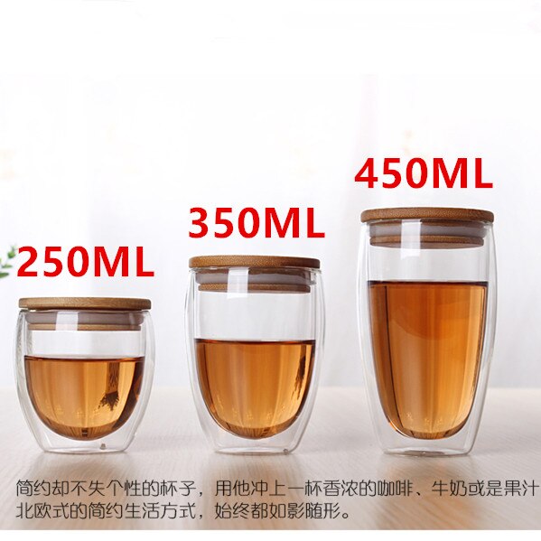 dubbelwandige glazen bamboe deksel cup, hittebestendige glas bamboe cover bierpullen cups