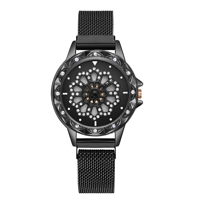 Kvinder armbåndsure kvinders roterende magnetiske heldige damer krystal kvarts armbåndsure reloj femenino: Sort