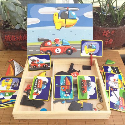 3d houten magnetische puzzels voor kinderen sticker montessori baby up educatief figuur dieren voertuig tekenbord leerzaam speelgoed: Verandering van verkeerstool