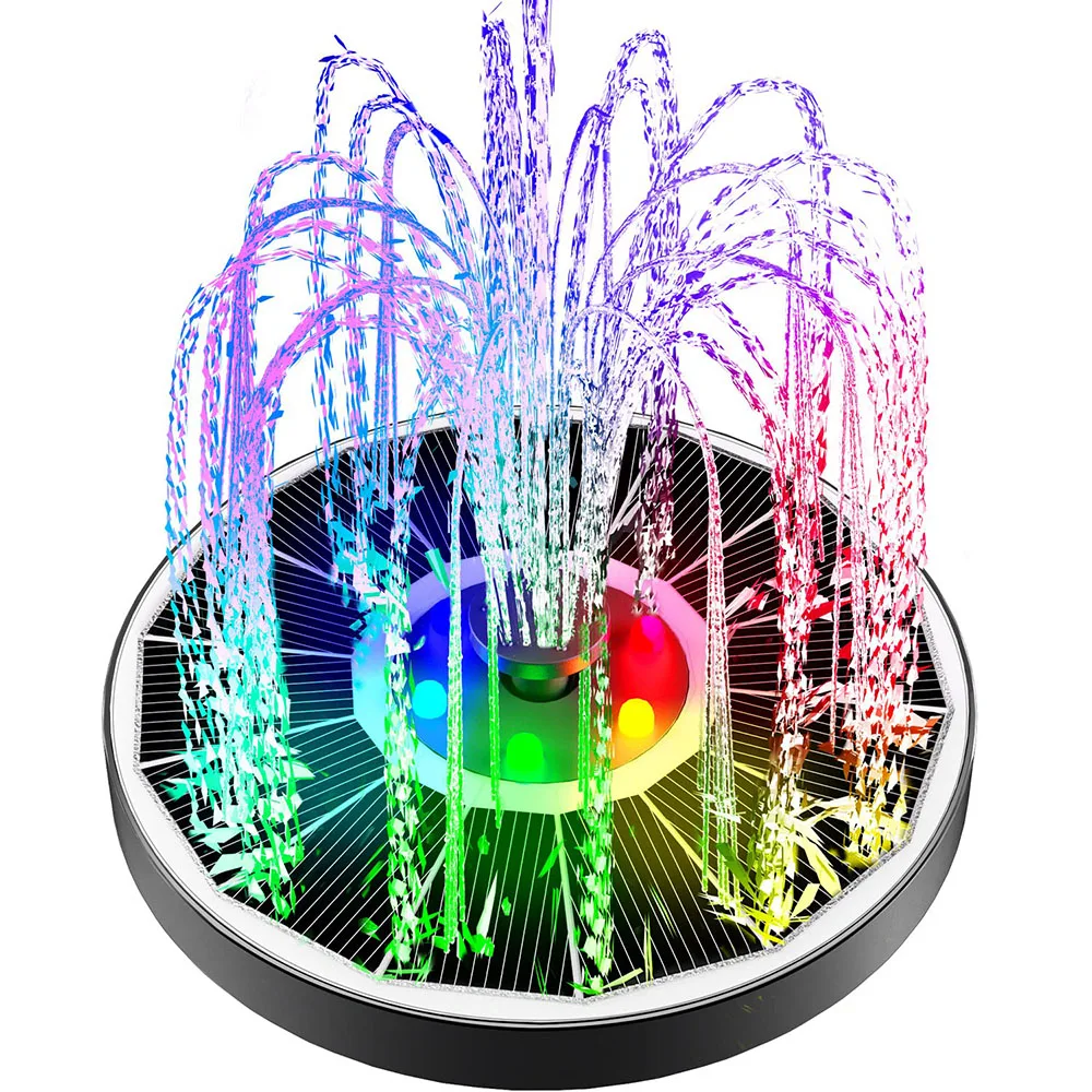 Zonne-fonteinpomp voor vogelbad met verlichting, 3,5 W zonne-waterfontein met 2200 mAh batterij, 6 mondstukken voor tuin, buiten: MULTI