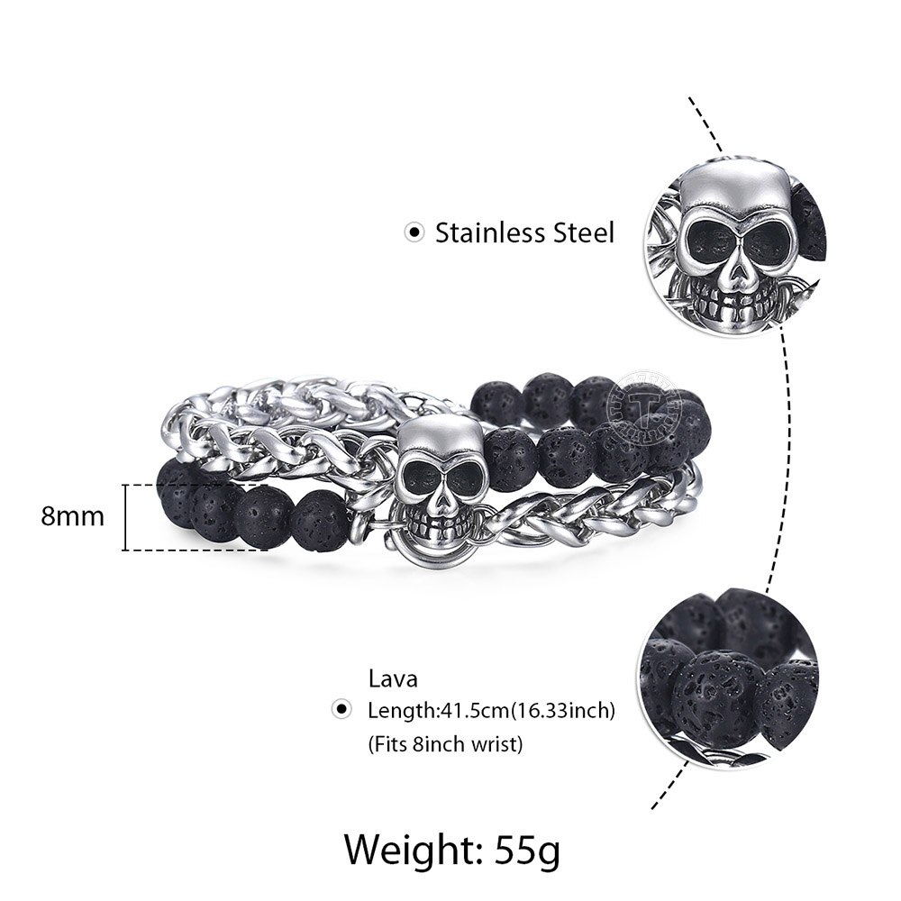 Black Lava Beaded Bracelet for Men Stainless Steel Double Layered Wheat Link Skull Charm Bracelets Male Halloween Jewelry LDB183