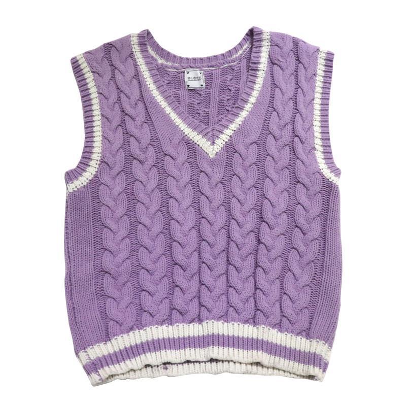 Sweter kamizelka kobiety piękne fioletowe koreańskie popularne dekolt w serek nastolatki skręcony sweter cały mecz jesień moda Femme bez rękawów dzianiny: purple vest / XXL