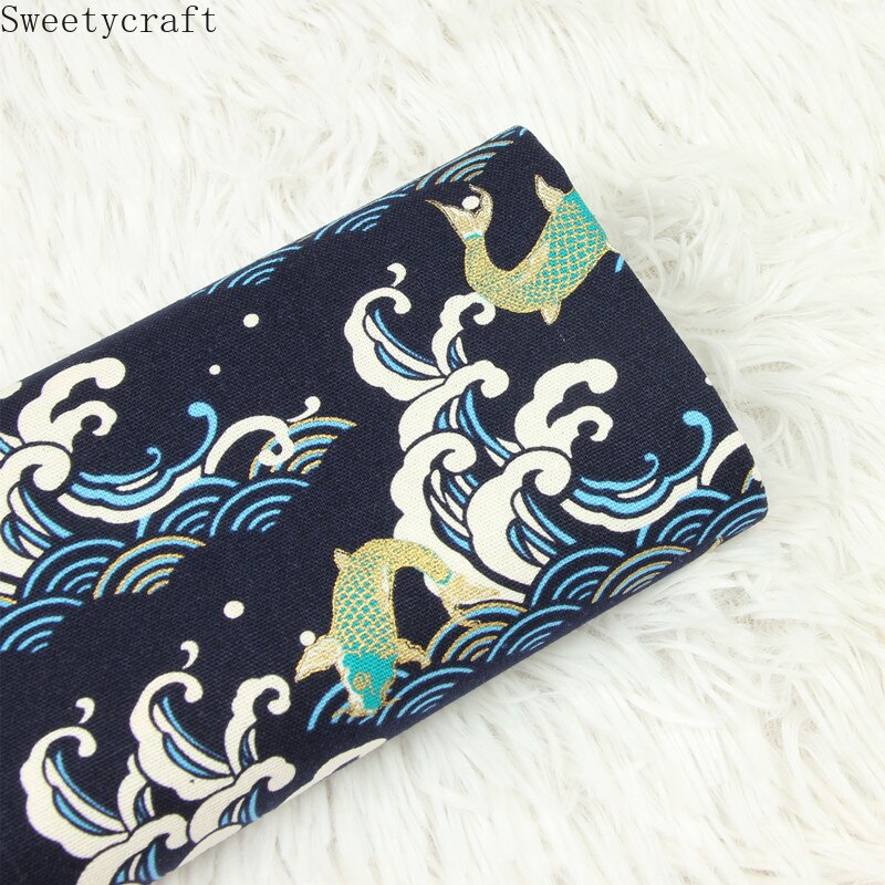 110x45cm Thick cotton fabric by Yard Waves Fish prints Cloth DIY Handmade Sewing Bag Patchwork Material Accessories Home Textile