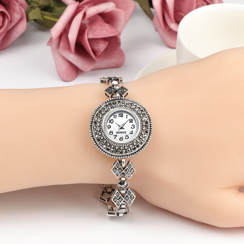 REVELRY-relojes de plata antigua para mujer, pulsera de cristal negro brillante de lujo, reloj de cuarzo Vintage, novedad de