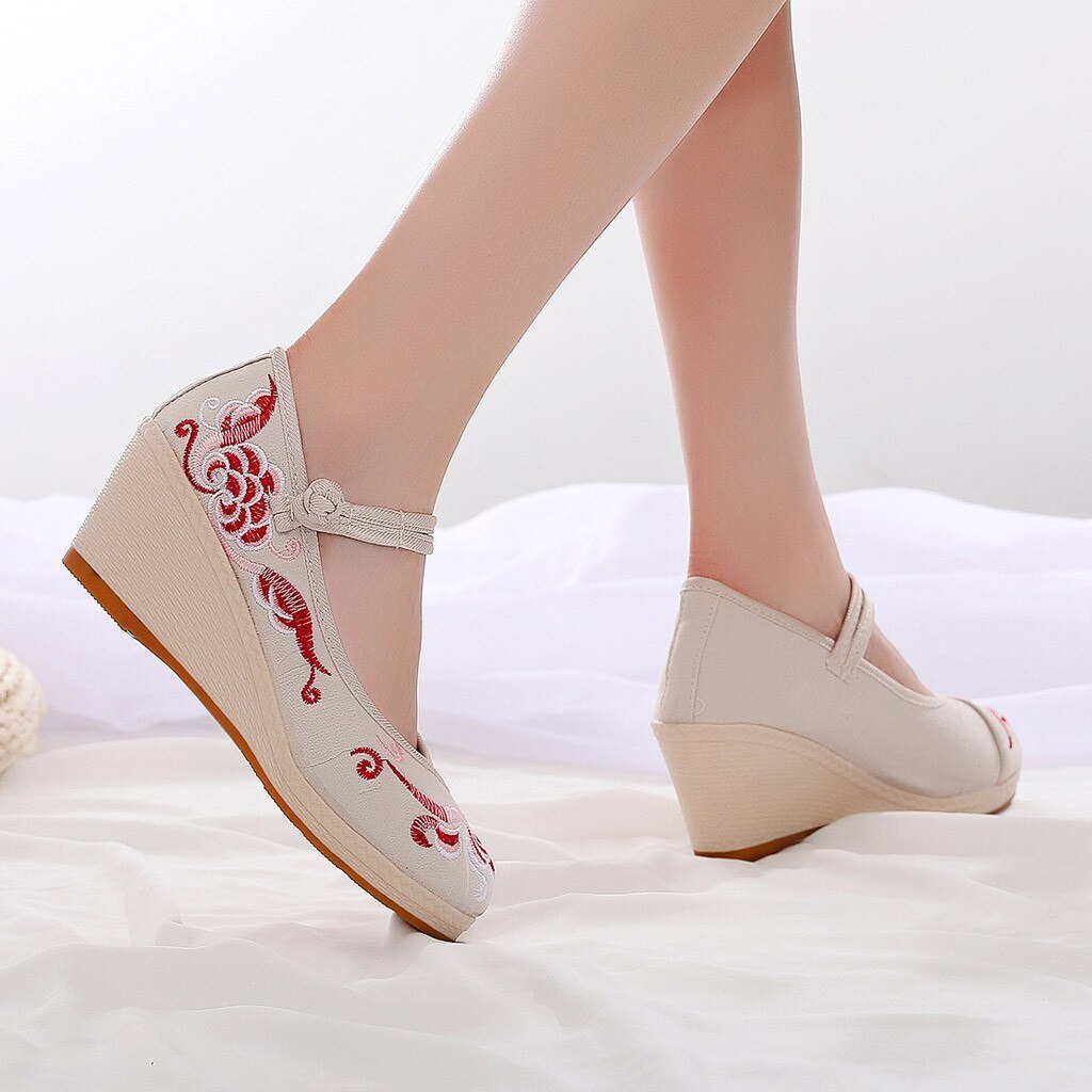 Women's Wedges Flowers Embroidered Canvas Shoes Chinese Style Casual Shoes black Folk Flower Embroideried Fabric Wedge shoes#smt