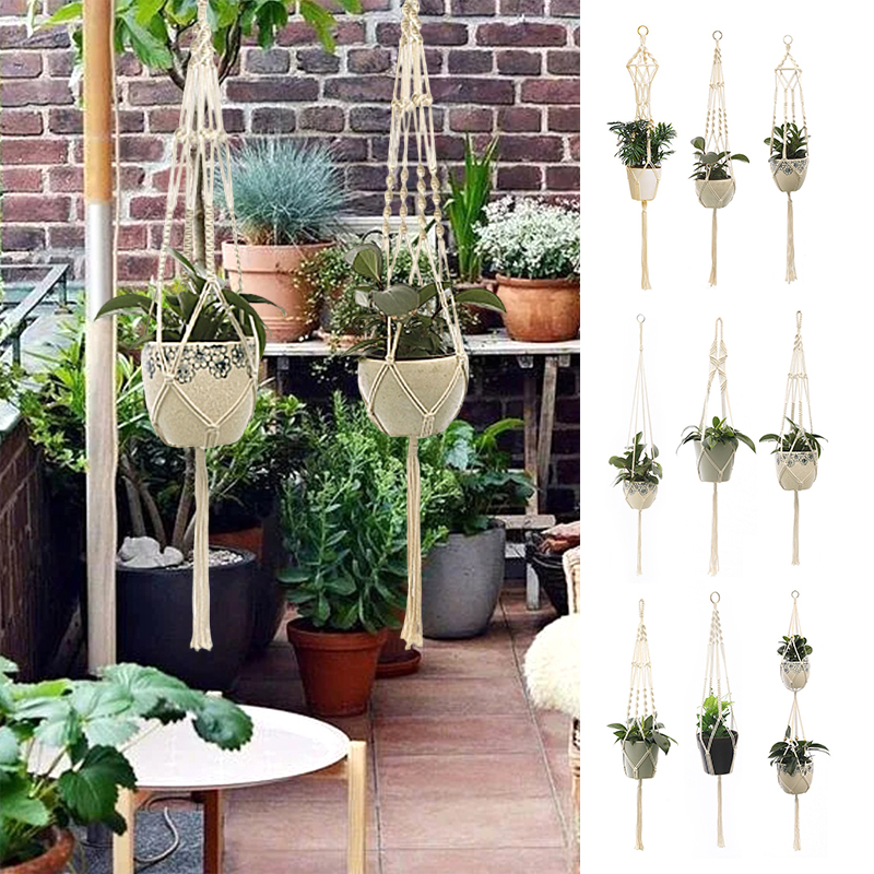 Makramee-Pflanze zum Aufhängen, Blumentopf, zum Aufhängen, Pflanzgefäß, Hängekörbe, handgefertigter Pflanzenhalter, Netz-Aufhänger für Wanddekoration