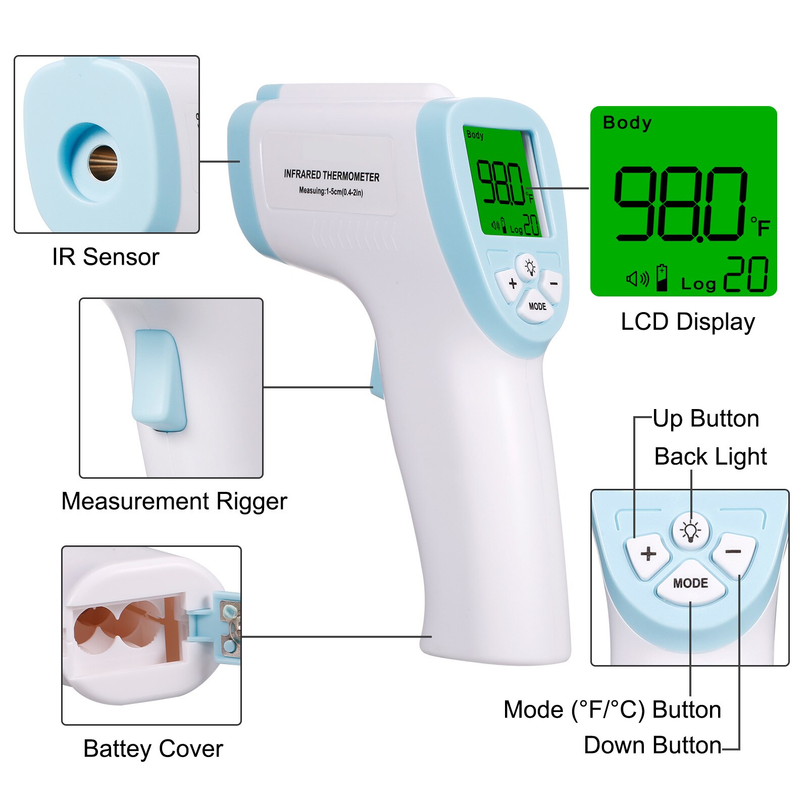 Digitale voorhoofdthermometer contactloze ir-infraroodthermometer temperatuurmeting met kleurenscherm met achtergrondverlichting digitaal display