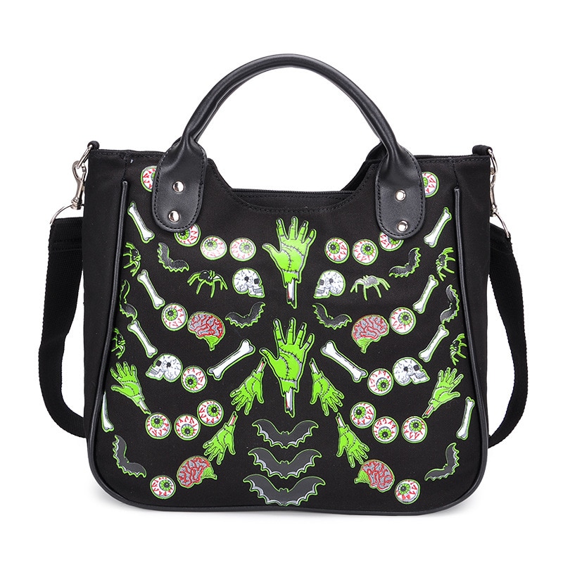 JIEROTYX Canvas Tote Bag - Cartoon Gothic Floral Print - Women's Shoulder Handbag - Casual Punk Style - 40x36x14cm