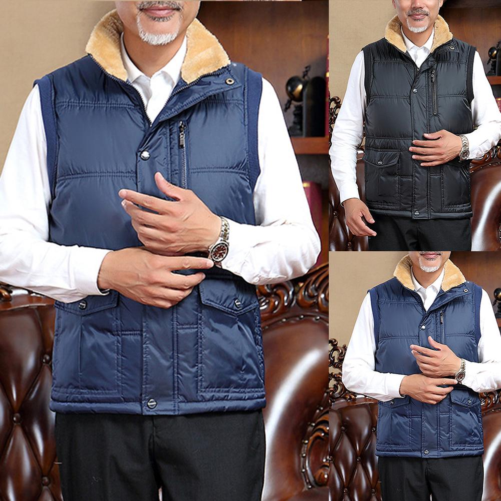 Plus Size Men Boy Winter Stand Color Fleece Lined Zip up Button Warm Waistcoat