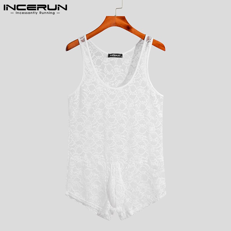 INCERUN 2022 Men&#39;s Sexy Leisure Jumpsuit See-though Hollow Out Sleeveless Jumpsuit Lace Flower Breathable Mesh Rompers S-5XL