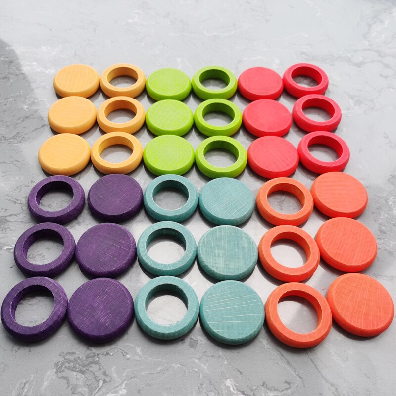 Juguetes de madera de 12 Colores para niños, monedas y anelli de arcoíris de haya, bloques apilables, piezas naturales s