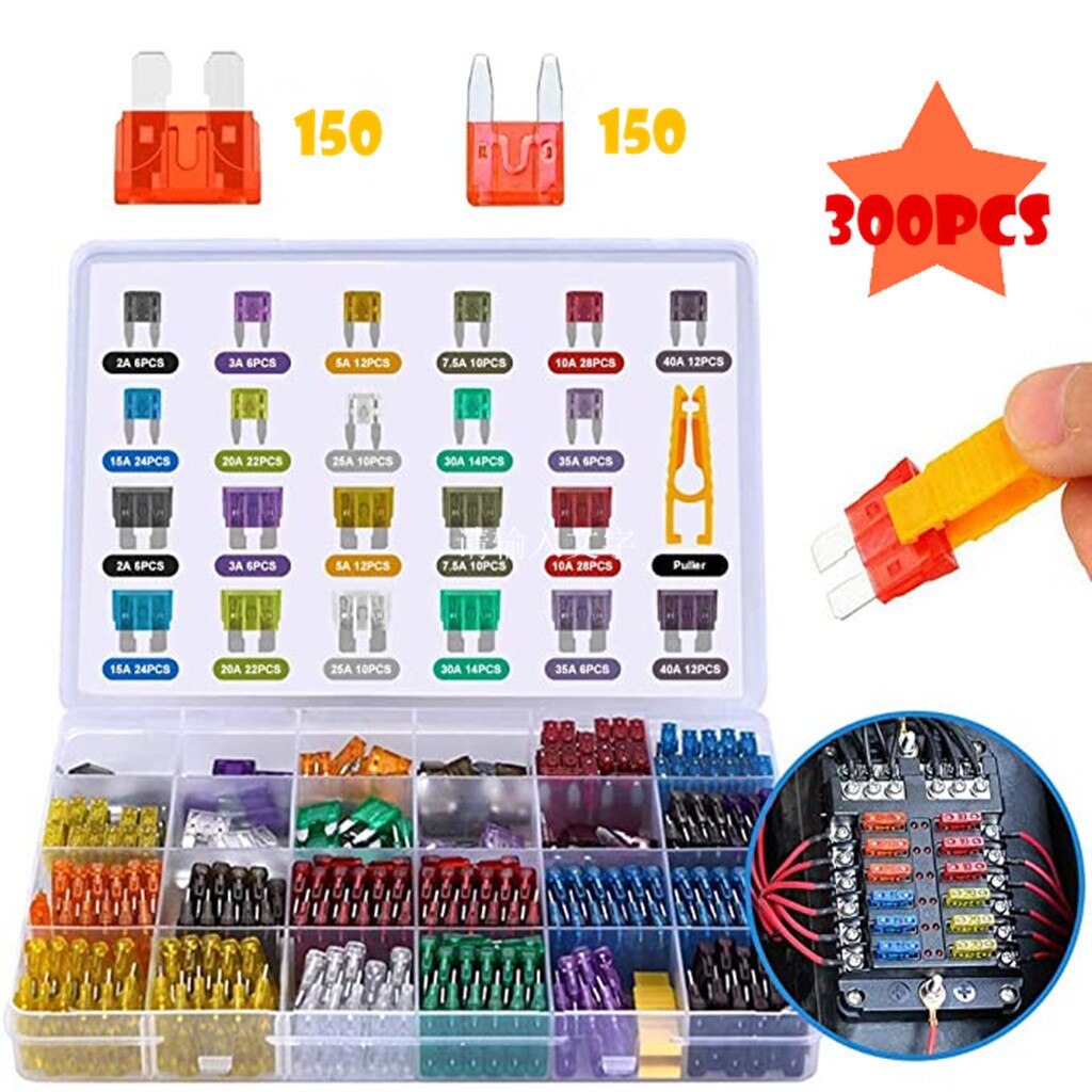 300Pcs Profile Mini Small Size Blade Car Fuse Assortment Set for Auto Car Truck 5/7/10/15/20/25/30//A Fuse with Plastic Box