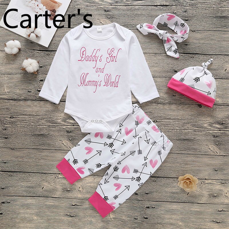 Carter Baby Meisje Recien Nacido Neonato Kleding Carters Baby Jongen Geluk + Kind Baby Meisjes Ronde Hals Brief Afdrukken 4 stuk Set