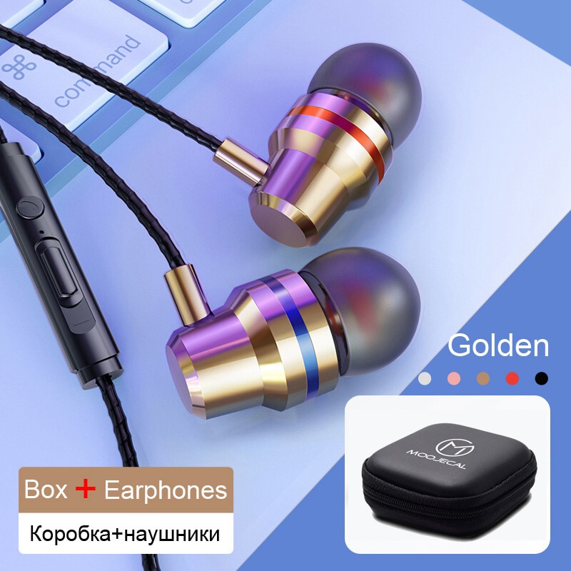 MOOJECAL In Ear Wired 3.5mm Earphone Earbuds Music Headphone for Xiaomi Samsung Iphone Smartphone with Microphone Wired Headset: Gold with Box