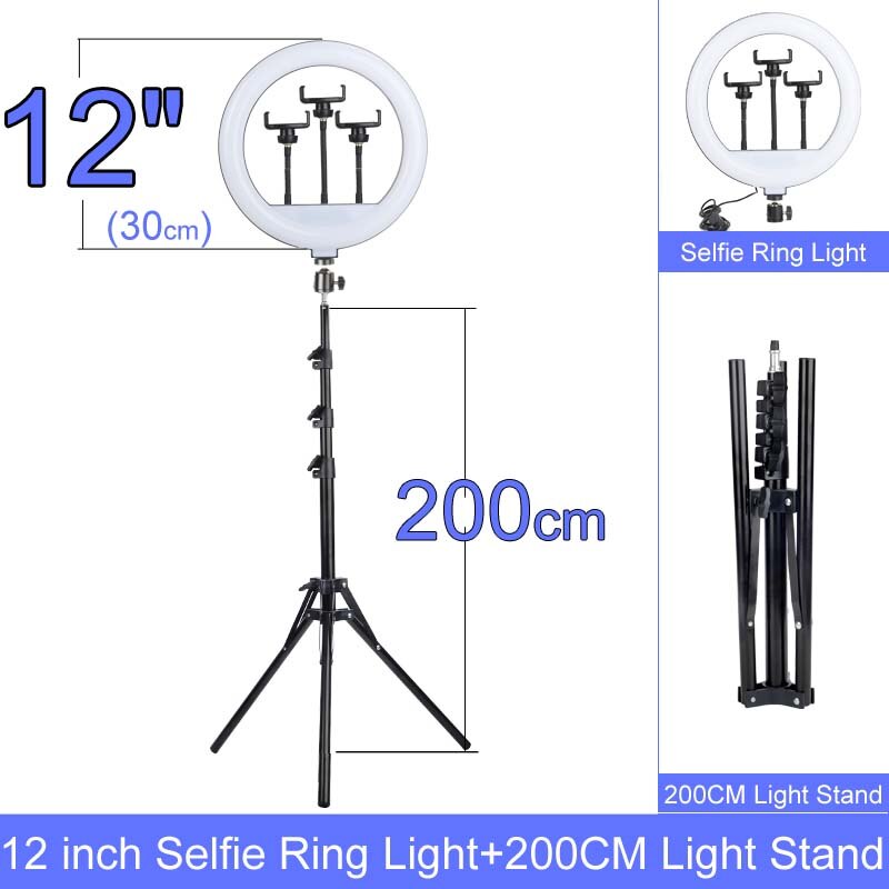 Fotografie Lamp Licht Ring Met Telefoon Houder Selfie Usb Plug Dimbare 6 8 10 12 14 Inch Beschikbaar In verschillende Maten: 12inch 200cm