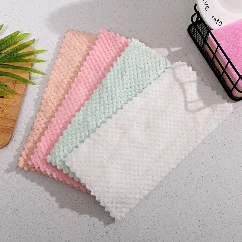 5/10 stuks Afwasdoekje Ananas Raster Coral Fleece Doek Huishoudelijke Keuken Reinigingsdoekje Non-stick Olie Sneldrogend