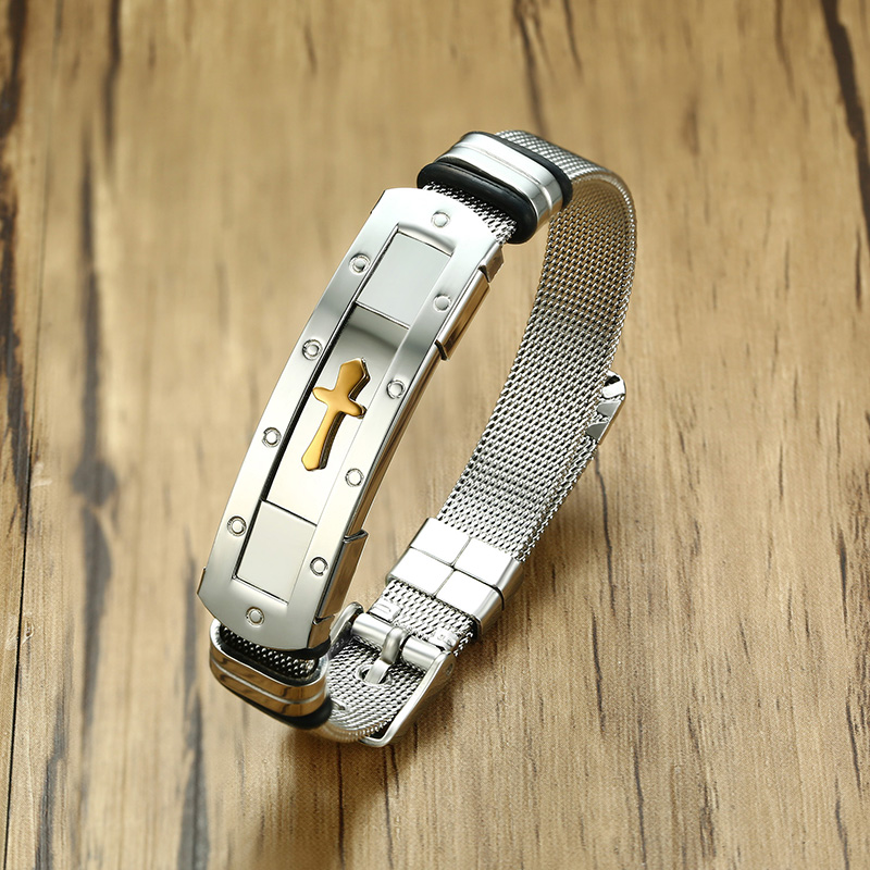 ZORCVENS – ceinture en maille d&#39;acier inoxydable pour hommes, 12mm, Bracelet de montre, croix, breloque, chrétien, fermoir à boucle réglable