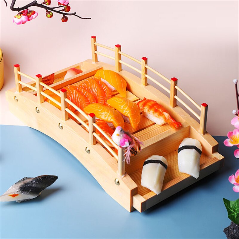 Japansk sushi træbåd bue sushi brobåde sashimi fad madlavning tøris fad drage båd sushi fad